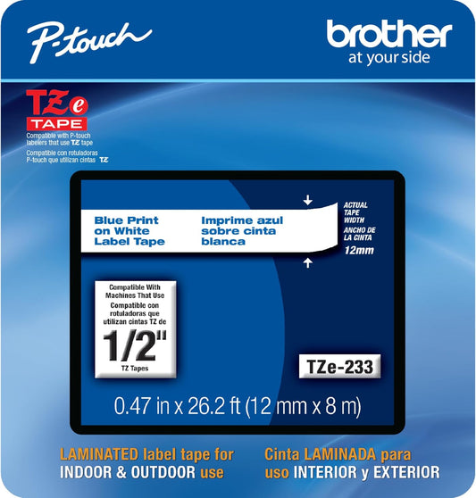 Brother Genuine P-touch, TZe-233CS, 0.47” x 26.2’, Blue on White Laminated Label Tape