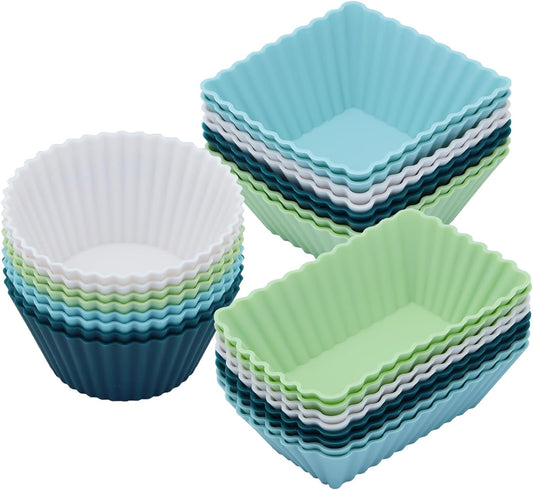 24Pack Silicone Muffin Cups, Reusable Cupcake Liners Molds for Baking, 3 Shapes Lunch Box Bento Dividers-Round, Square, and Rectangular (Neutral Colors, Regular Size)