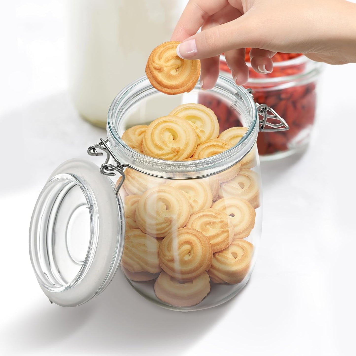 Glass Food Storage Jars with Airtight Lids 34 oz Round 4 Pack Kitchen Storage Containers Large Cabinet Canisters Sealed Pot Canning for Pasta, Cereal, Coffee, Beans, Spice