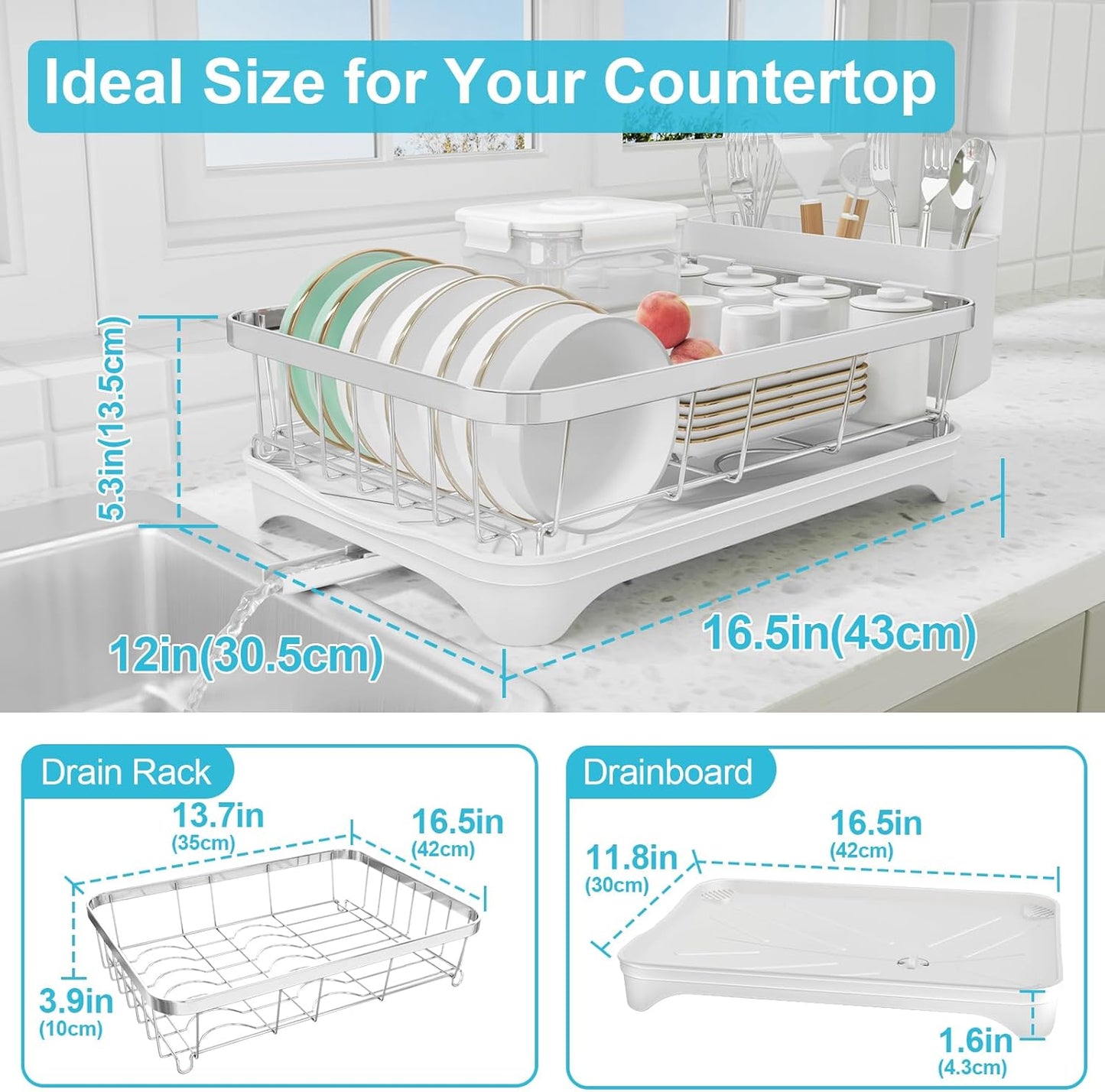 Dish Drying Rack 304 Stainless Steel Dish Racks,Adjustable Spout Auto-Draining Dish Drainers for Kitchen Counter, Large Capacity Dish Rack for Bowls, Cups, White