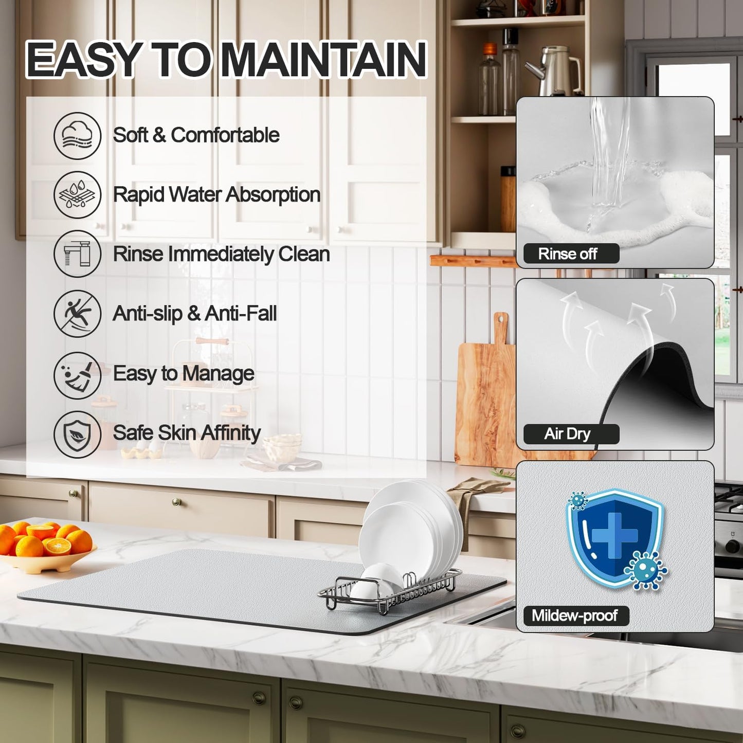 Dish Drying Mat for Kitchen Counter | Coffee Bar Mat for Countertops | Heat Resistant Drainer Mat with Non-slip Rubber Backed | Hide Stain Kitchen Absorbent Draining Mat | Light Grey 16"x18"