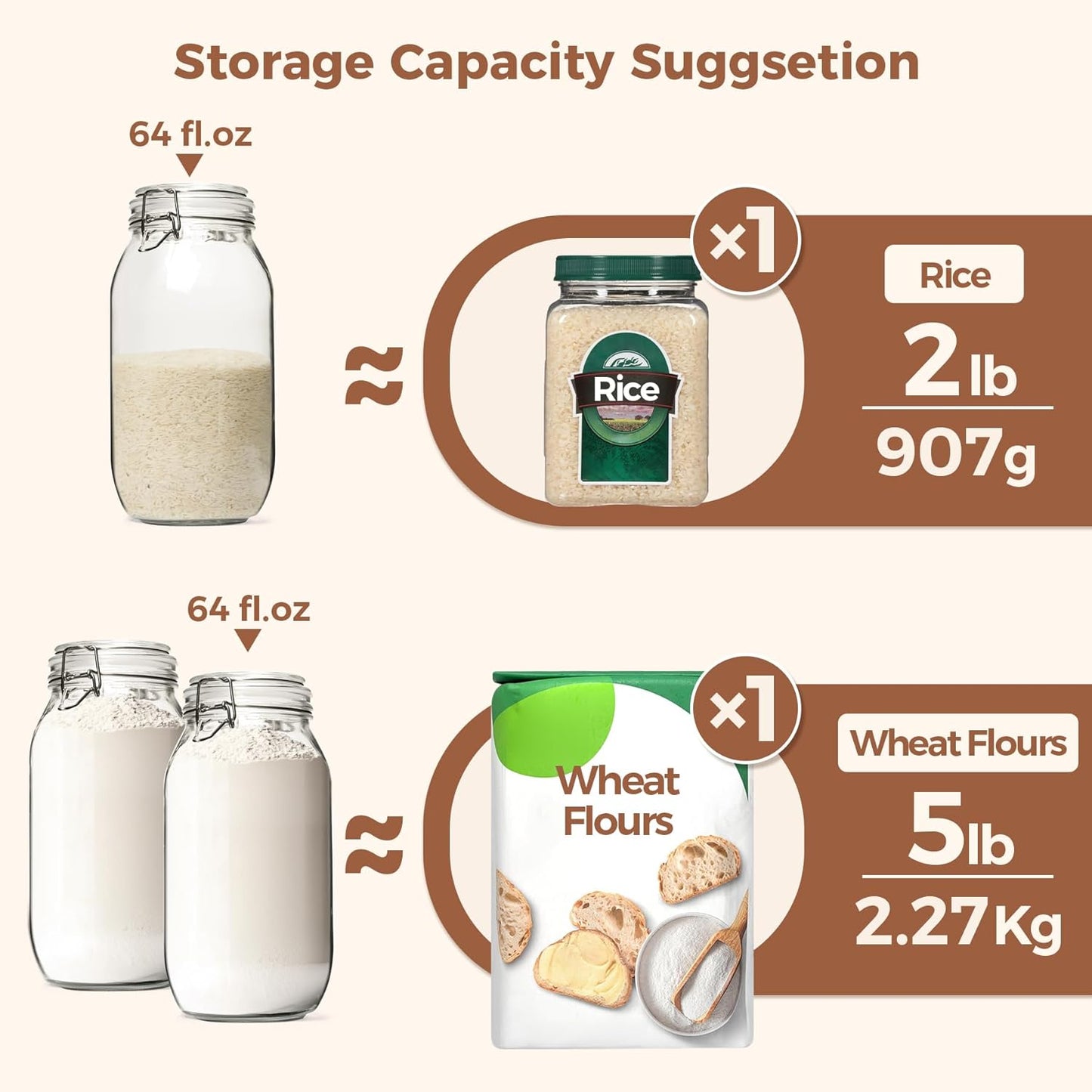 ComSaf Large Glass Jars with Lid 64 oz, Large Mason Jars Set of 3, Glass Canisters with Airtight Lids, Half Gallon Canning Jar with Seal Wire Clip Fastening for Kitchen, Pickle, Flour, Sugar, Cereal