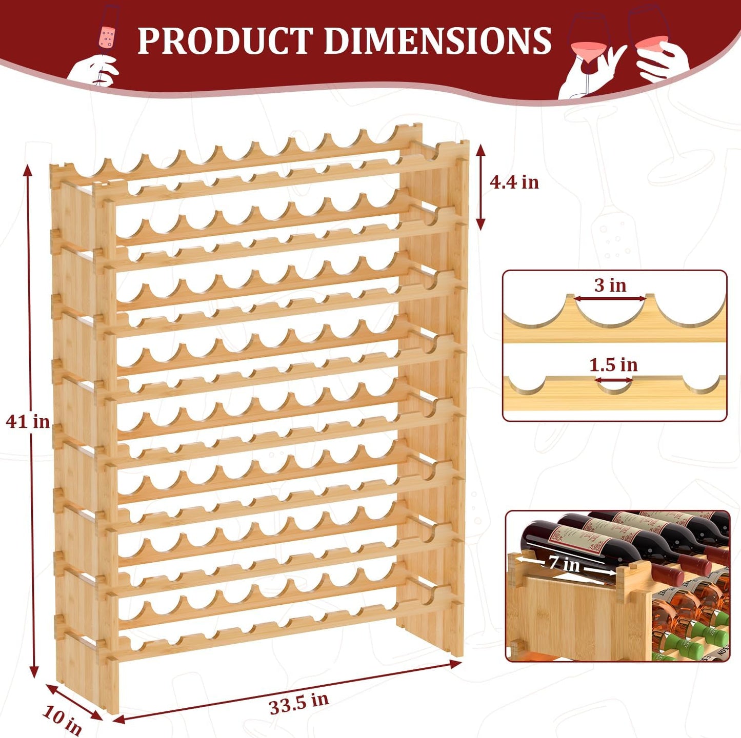 Domax Wine Rack Freestanding Floor - Bamboo Wooden Stackable 8 Tiers 72 Wine Bottle Holder Storage Racks for Kitchen, Bar, Pantry and Cellar (Yellow)