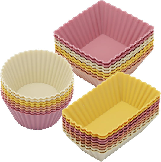 24Pack Silicone Muffin Cups, Reusable Cupcake Liners Molds for Baking, 3 Shapes Lunch Box Bento Dividers-Round, Square, and Rectangular (Orange Series, Regular Size)