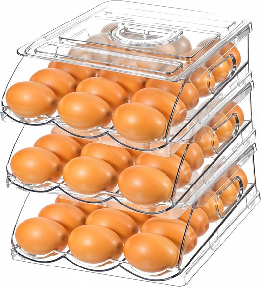 Egg Holder for Fridge Rolling Egg Container 54 Large Capacity Eggs Holder Eggs Storage Container Organizer with Lid for Refrigerator and Kitchen (3 Layer)