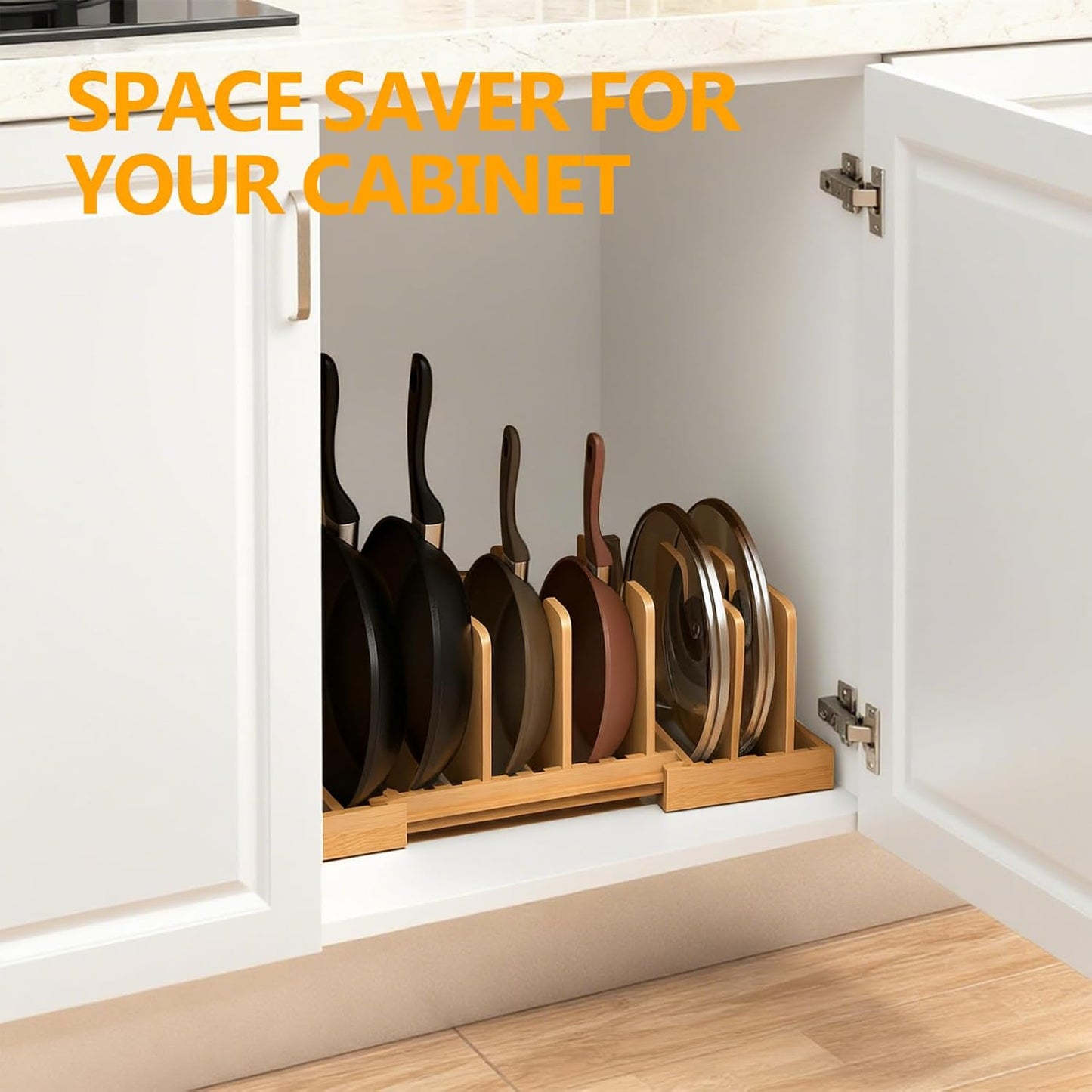 Expandable Pot Lid Organizer with 8 Removable Dividers, Bamboo Pot and Pan Organizer for Kitchen Counter or Cabinet