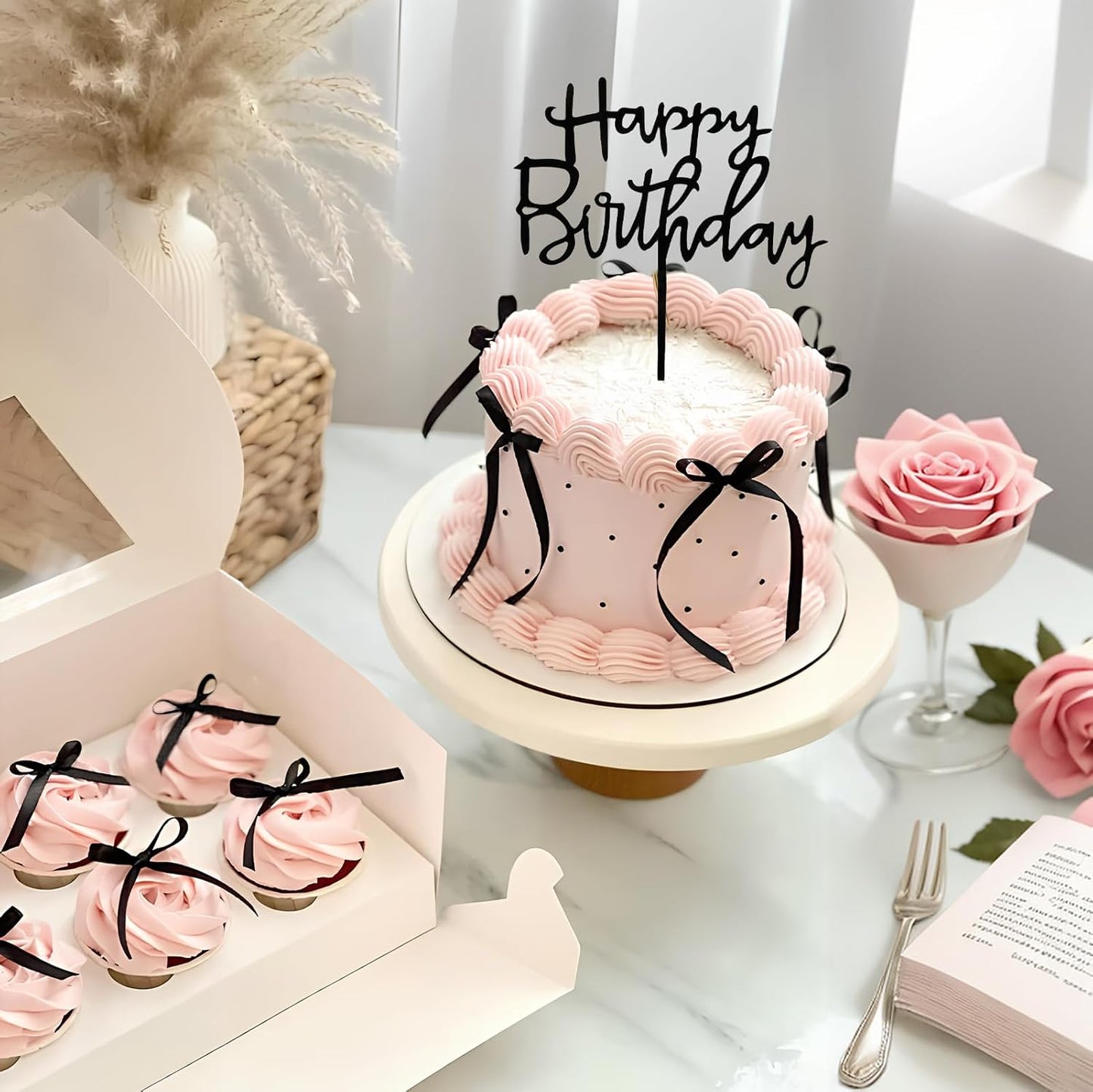 Black Bow Cake Topper Bowknot Ribbons Cupcake Toppers Bow Tie Cake Decorations Black Coquette Bows Cupcake Dessert Picks Happy Birthday Pick for Girl Birthday Princess Wedding Party Supplies 7Pcs