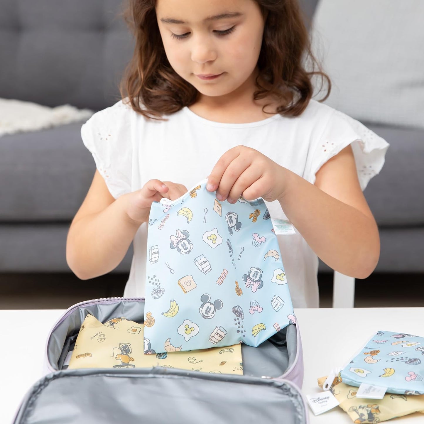 Bumkins Disney Reusable Sandwich and Snack Bags, for Kids School Lunch and for Adults Portion, Washable Fabric, Waterproof Cloth Zip Bag, Travel Pouch, Food-Safe Storage, 4-pack Set Mickey and Minnie