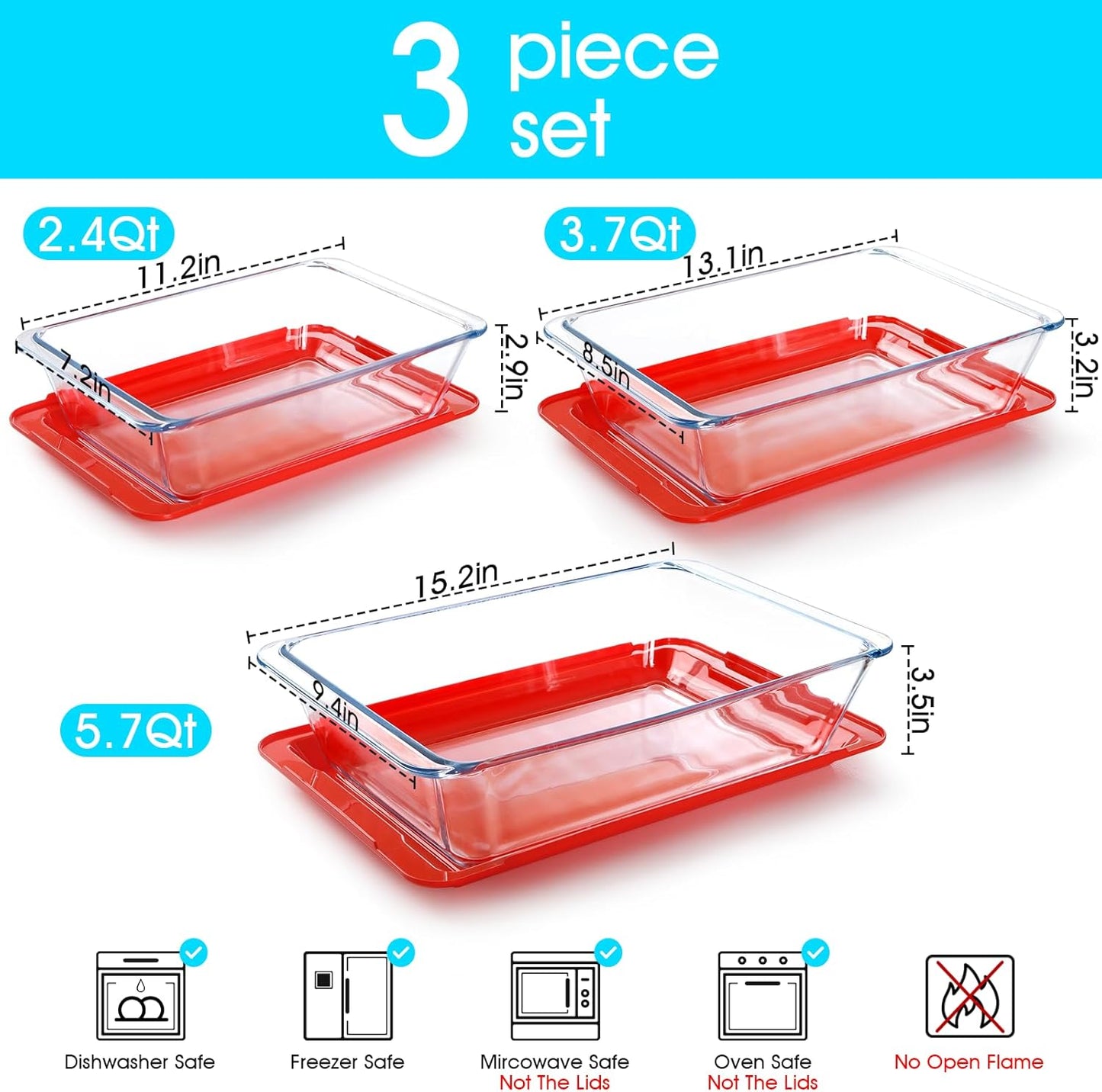 NUTRIUPS 6-Piece Deep Glass Baking Dish with Plastic Lids, 2.4+3.7+5.7Qt Deep Baking Pans for Lasagna Leftovers, Rectangular Glass Bakeware for Oven