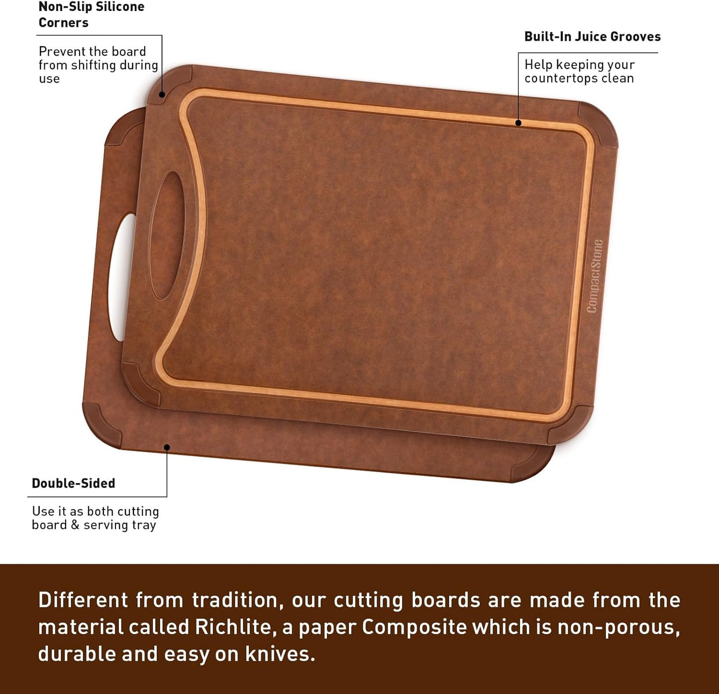 Cutting Board with Non-Slip Feet and Juice Groove for Kitchen, Wood Fiber Composite, 17.3-Inch by 12.8-Inch, Brown