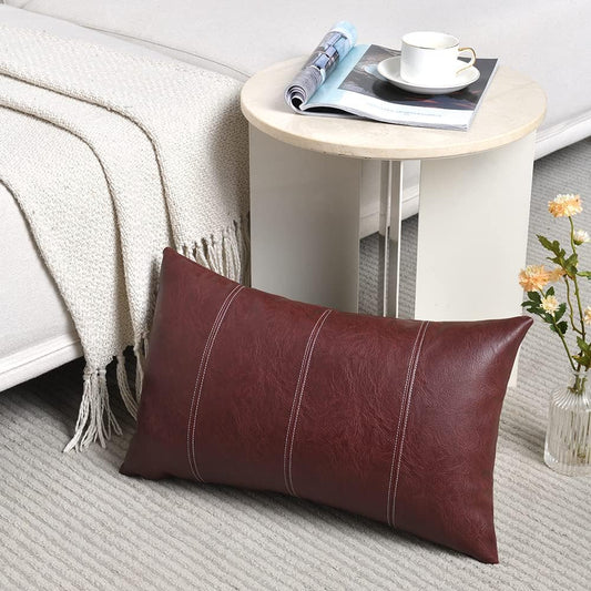 Fancy Homi Burgundy Long Lumbar Faux Leather Decorative Throw Pillow Covers 14x24 Inch for Outdoor Couch Bed, Modern Farmhouse Boho Home Decor, Wine Red Hand Stitched Cushion Case 35x60 cm