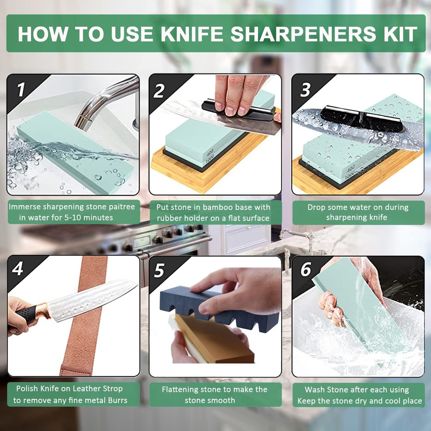 Knife Sharpening Stone Kit – 400/1000 3000/8000 Grit Wet Kitchen Whetstone Knife Sharpener Set with Non-slip Bamboo Rubber Base, Angle Guide, Flattening, Leather Strop and Cut Resistant Gloves