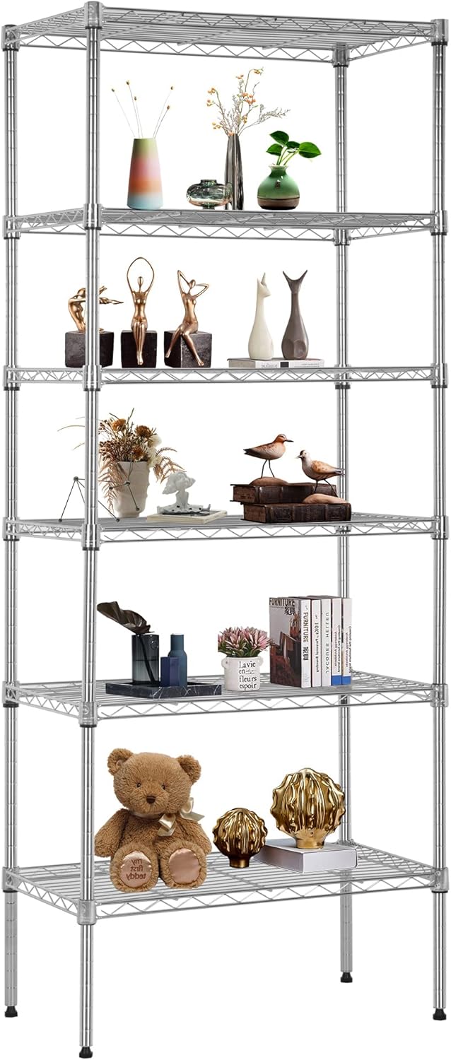 FDW 6 Tier Wire Shelving Units 23L x 13W x 59H Adjustable Metal Storage Rack NSF Pantry Shelves Kitchen Organization Shelf for Kitchen Garage Small Places Commercial,Chrome