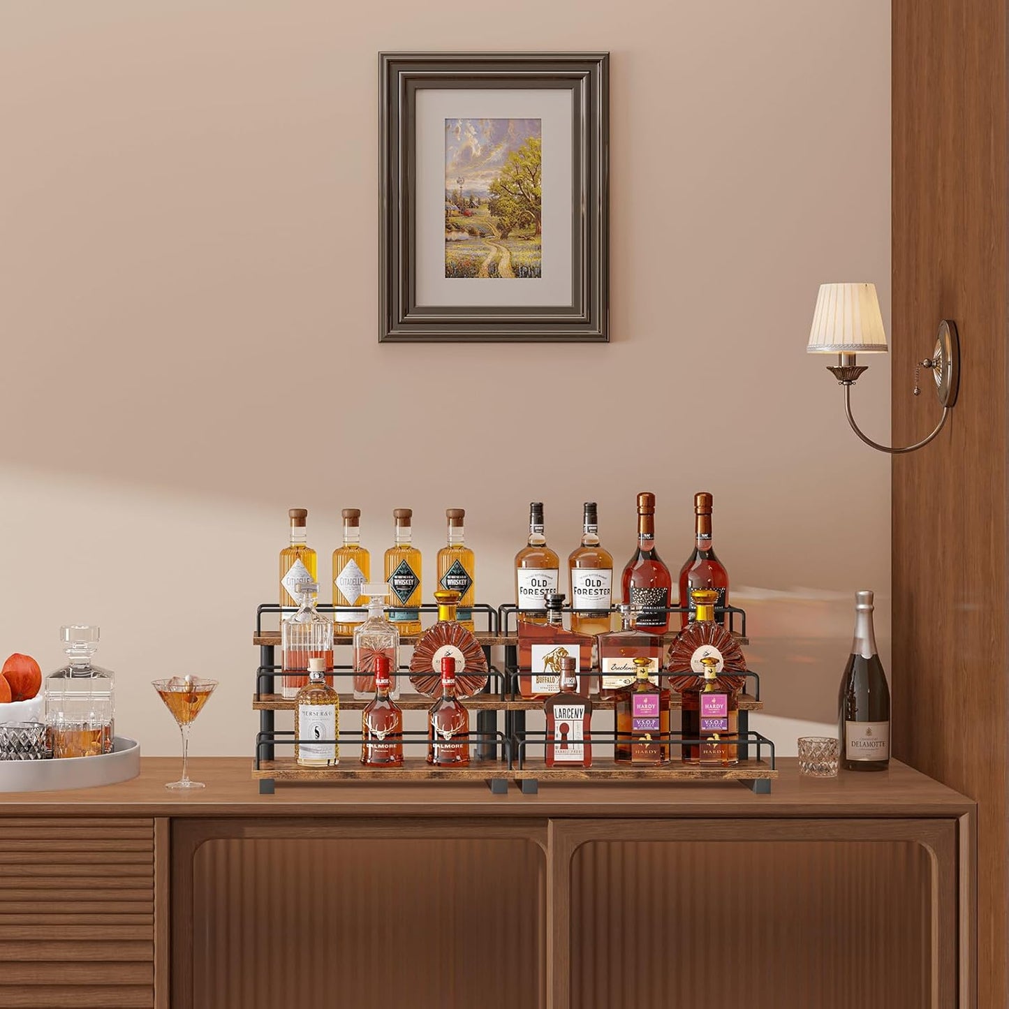Homode Liquor Bottle Display Shelf, Coffee Syrup Rack Organizer, 3 Tier Wine Rack Countertop, Home Retro Bar Shelf Stand Holder for Liquor Whiskey Spirits, Mini Bar, Liquor Cabinet, Rustic Brown