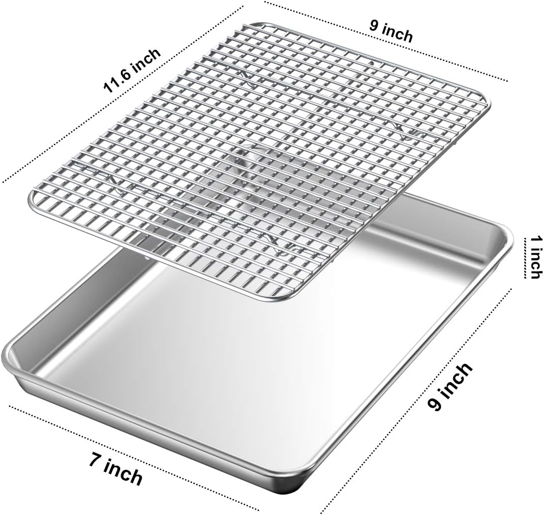 Baking Sheet with Rack Set [2 Pans + 2 Racks], Wildone Stainless Steel Cookie Sheet Baking Pan Tray with Cooling Rack, Size 12 x 10 x 1 Inch, Non Toxic & Heavy Duty & Easy Clean