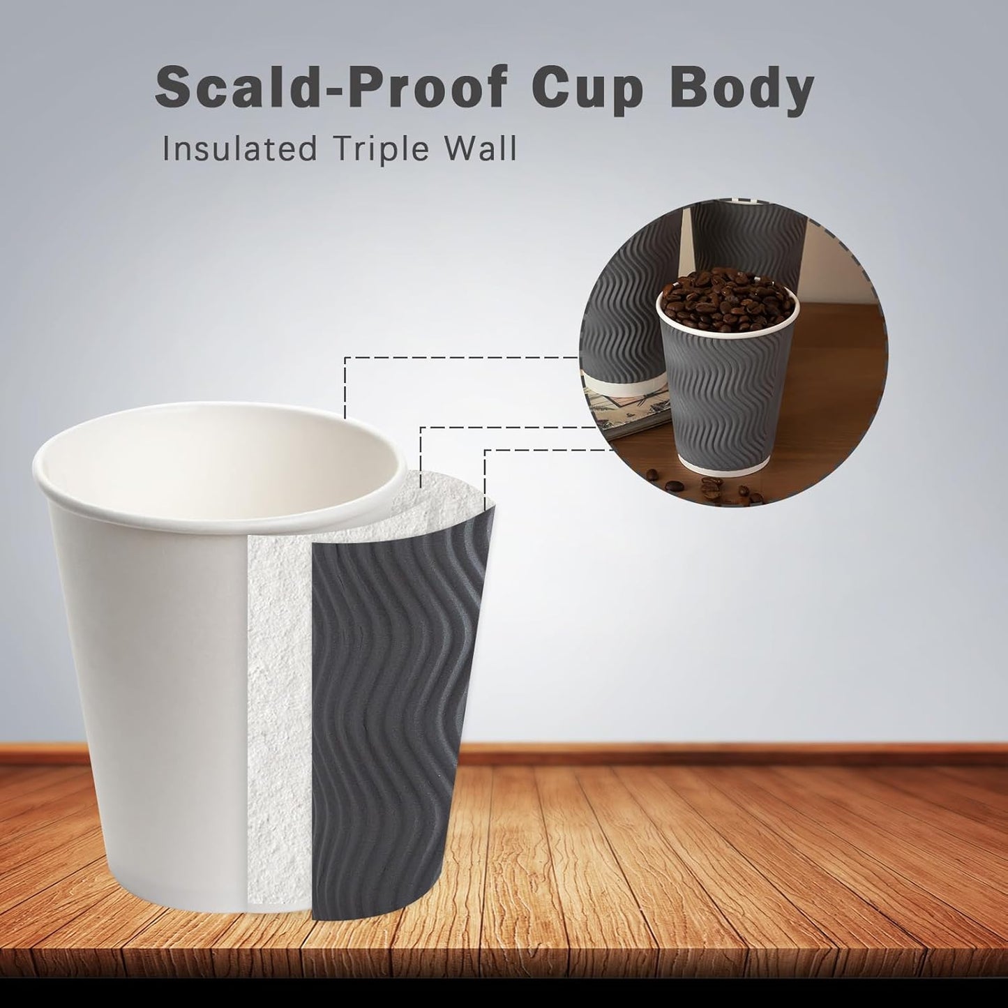Coffee Cups 12 oz 120 Pack, Corrugated Insulated Ripple Wall Disposable Paper Coffee Cups 12oz, To Go for Hot Beverage or Cold Drinks Office/Home/Cafe/Party/Travel (Gray)