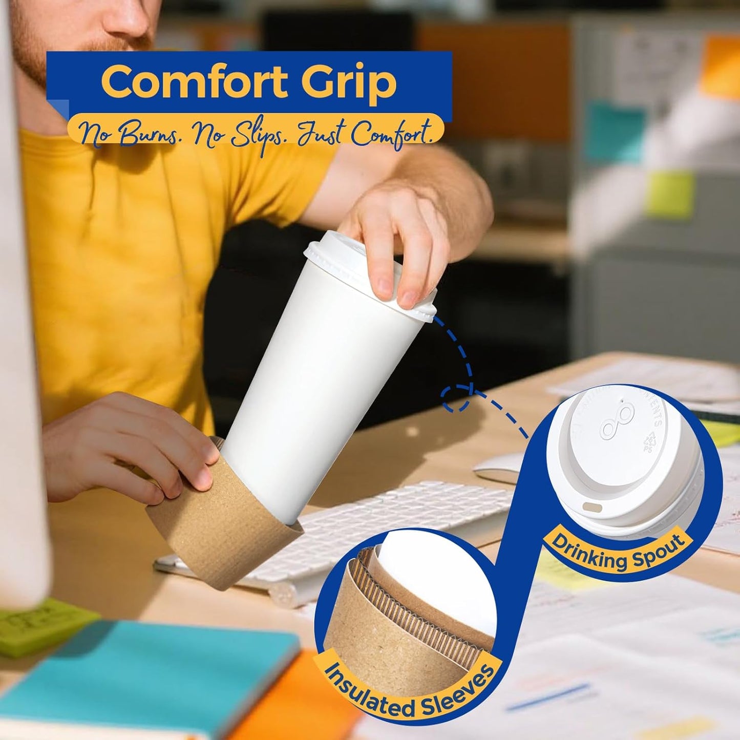 Fit Meal Prep 250 Pack 24 oz Disposable Coffee Cups with Lids, Sleeves, Leak-Proof To Go Coffee Cups with Lids, Durable Hot Paper Cups for Home, Office, Party, Business