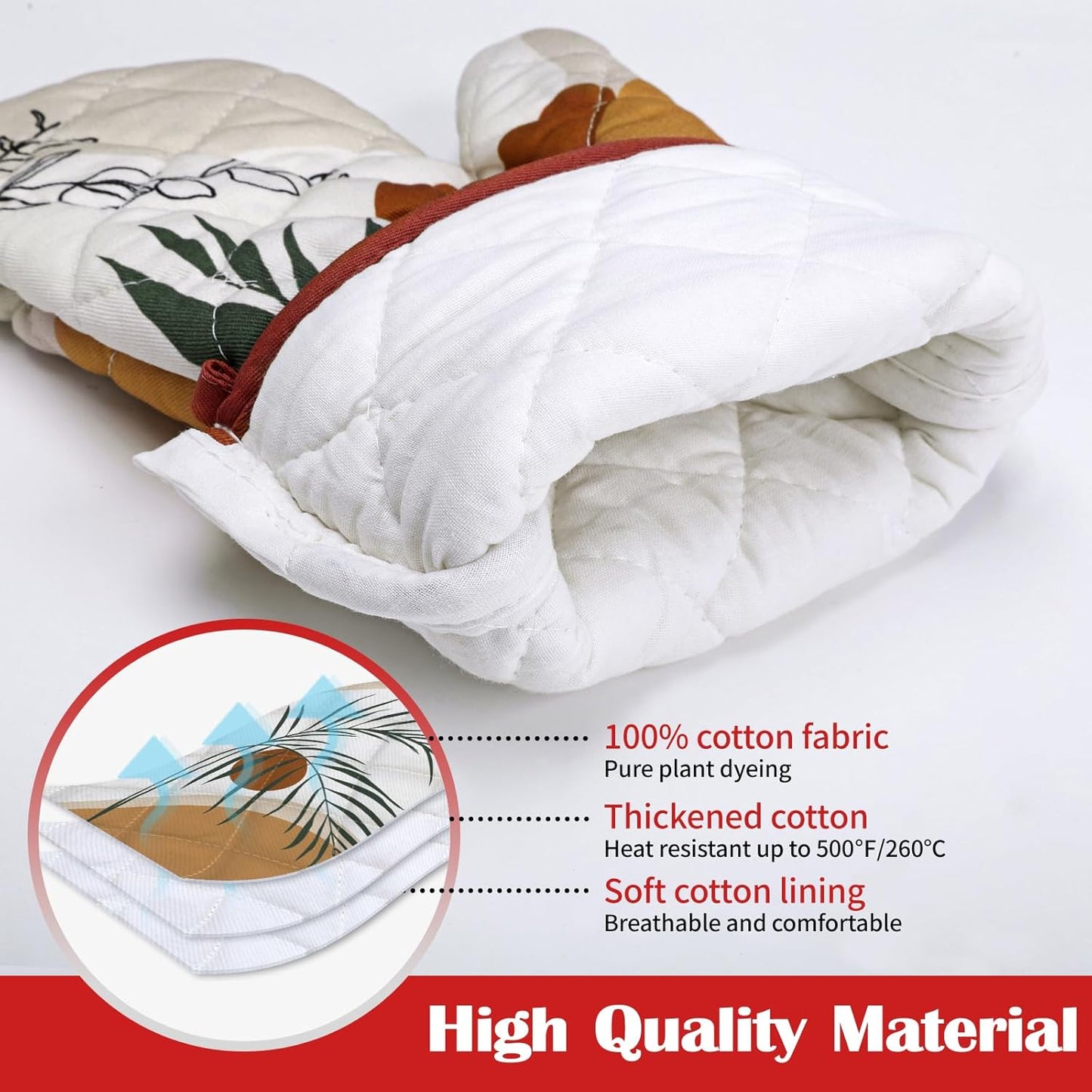 Boho Leaf Oven Mitts and Pot Holders Sets 2Pcs, 100% Cotton Heat Resistant, Vintage Extra Long Oven Gloves Potholder for Kitchen Cooking Baking Decoration