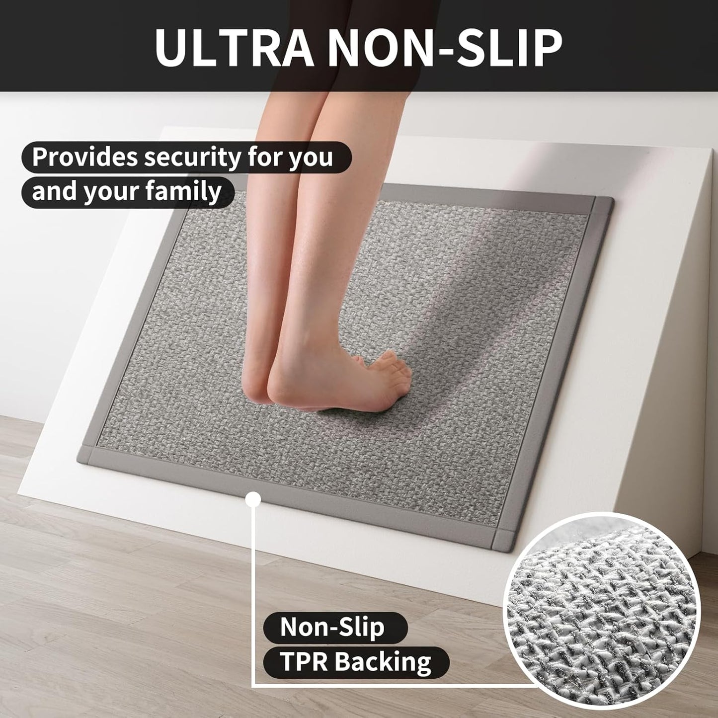 Kitchen Rugs Non Slip Washable, Super Absorbent Kitchen Mats for Floor, Rubber Backing Jute-Like Braid Kitchen Sink Mat Runner Rug Standing Mat, Easy to Clean, Gray 17"x47"