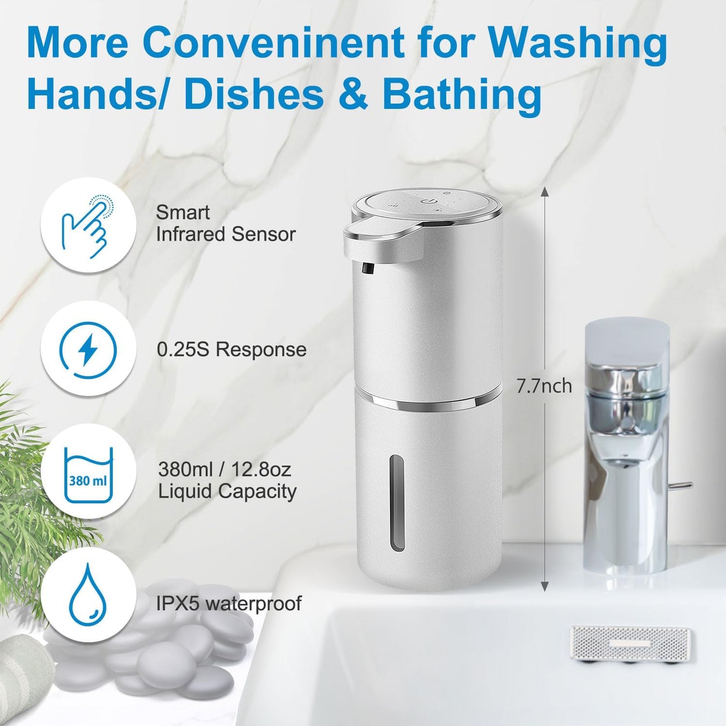 Automatic Liquid Soap Dispenser,4-Level Adjustable, Wall Mount,USB Rechargeable,12.8oz/ 380ml,Touchless Hand & Dish Soap Dispenser for Bathroom, Kitchen,Hotel, Restaurant