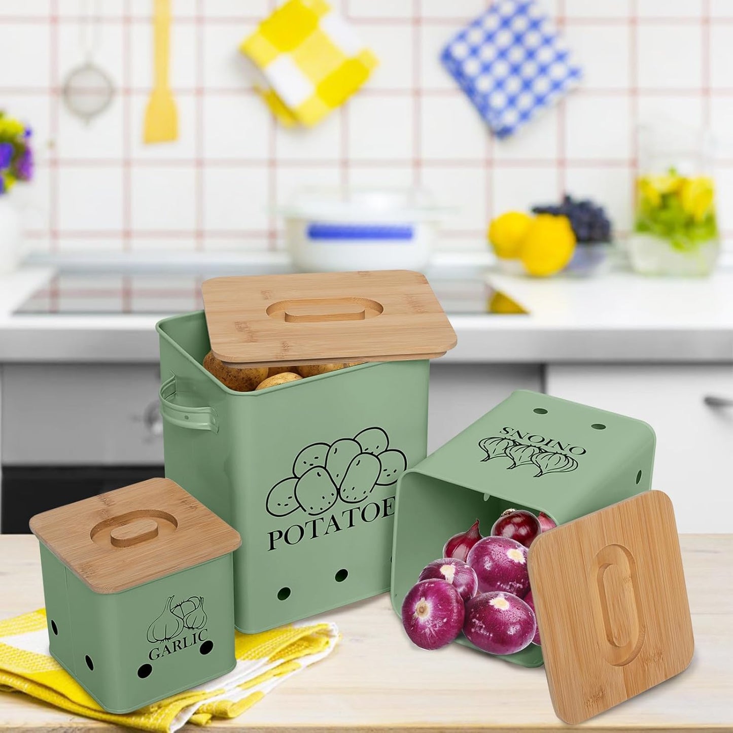 Kitchen Canisters Set, Storage Bin for Potato Onion & Garlic, 3 Pack Set Countertop Pots Containers with Wooden Lid - Potato Storage, Garlic Bin, Onion Keeper Tin with Aerating Holes-Green