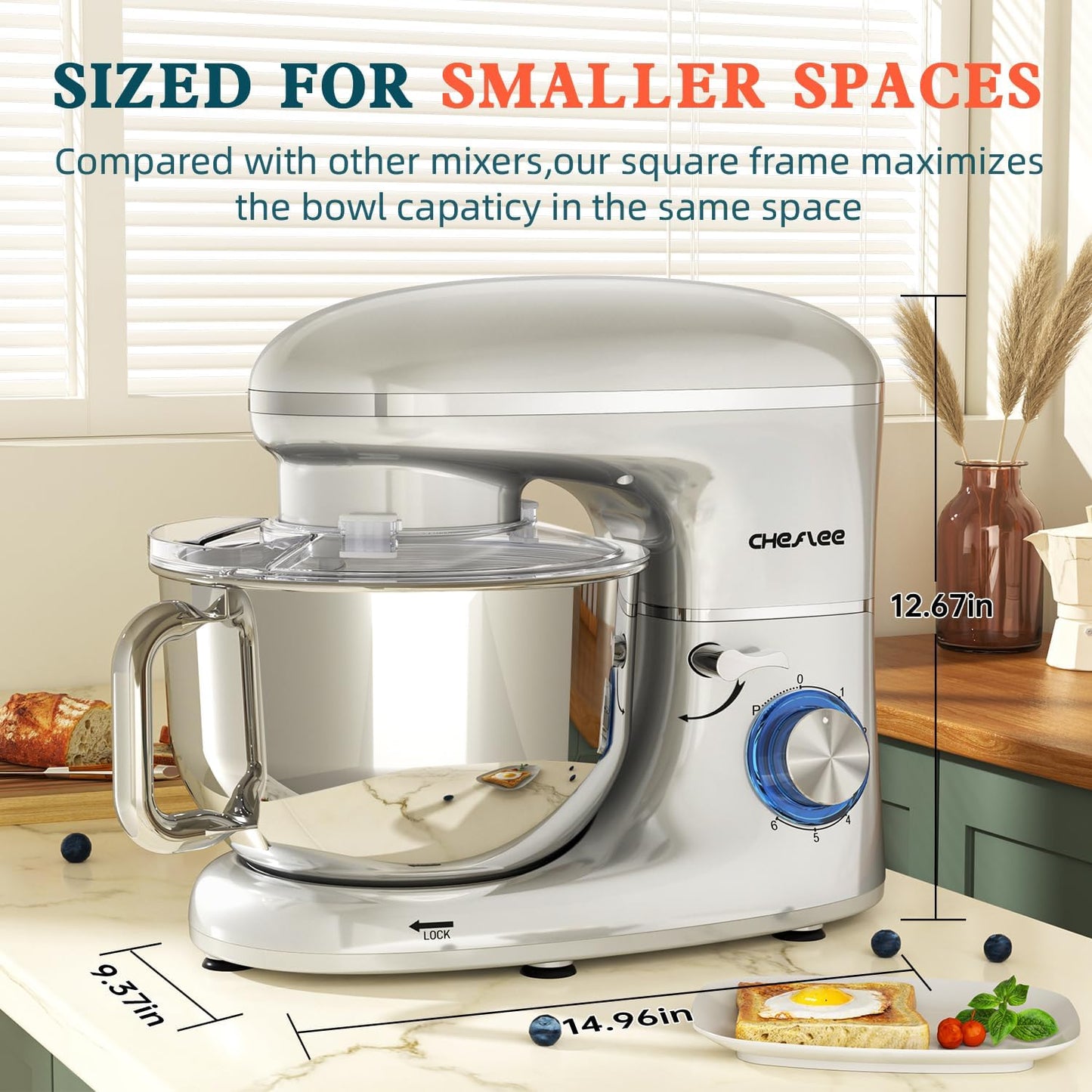CHeflee Stand Mixer,600W 6+P With 6.5QT Stainless Steel Bowl,Dough Hook, Wire Whip & Beater,for Most Home Cooks,Silver