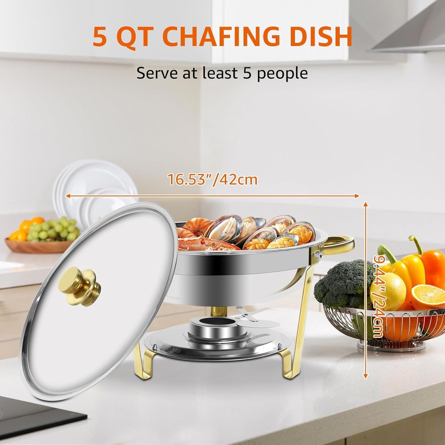 Gold & Silver Chafing Dishes for Buffet with Lid 5QT, 2 Pack - Food-Grade Stainless Steel Chafers and Buffet Warmers Sets with Lid Holder, Rolled Edge Design, for Party, Banquet