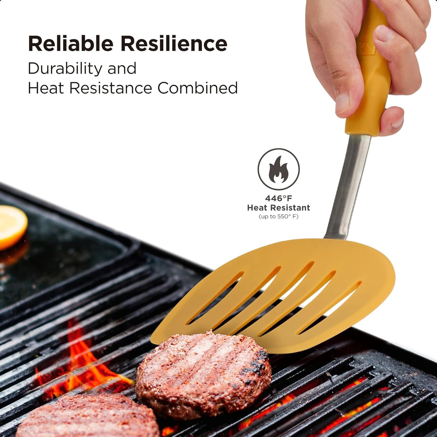 Kitchen Mama WaltzGrip Platinum Silicone Pancake Spatula Turner: Heat-Resistant, Slotted Tapered Head, Stainless Steel Core, Durable, Dishwasher-Safe, Ideal for Flipping and Wok Use (Yellow)