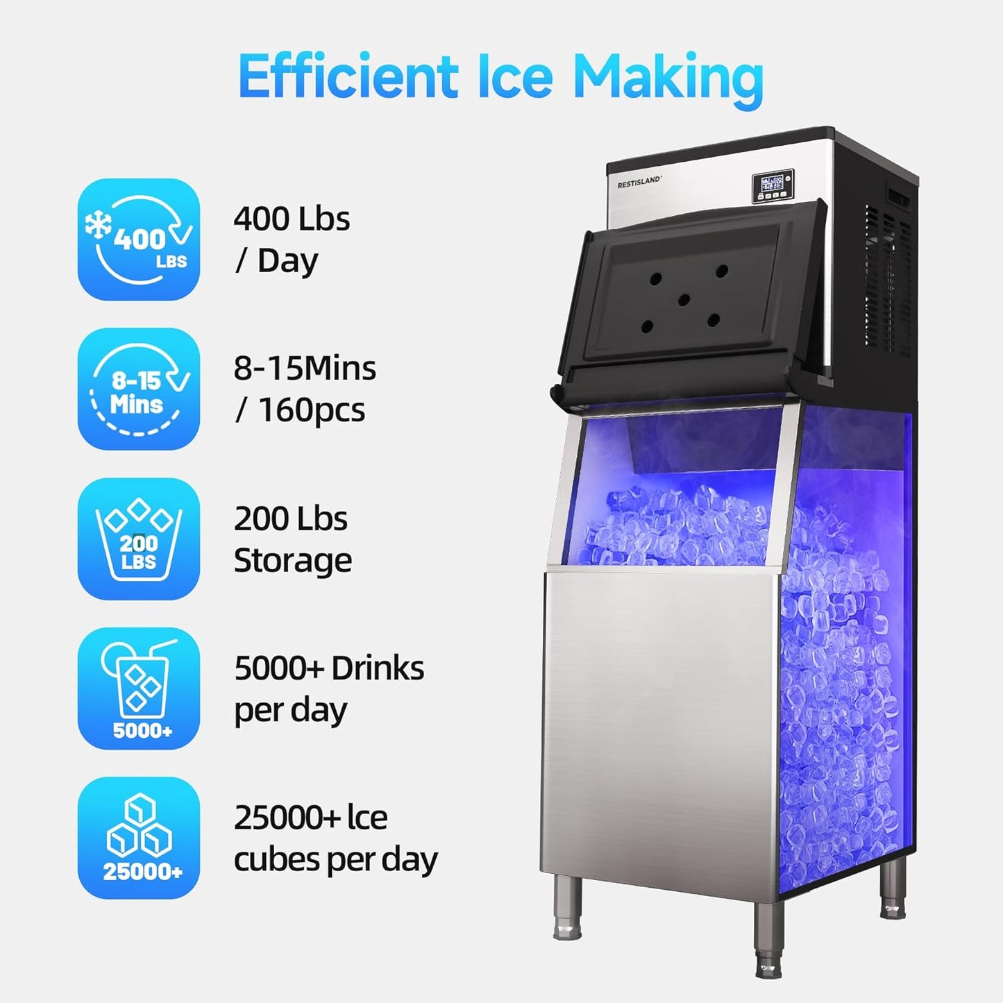 Commercial Ice Maker Machine, 360 lbs /24 h, 200 lbs Storage Bin, Industrial Ice Machine, Blue Light, Stainless Steel, Perfect for Bar/Home/Business