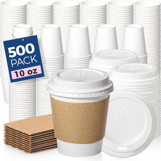 Fit Meal Prep 500 Pack 10 oz Disposable Coffee Cups with Lids, Sleeves, Leak-Proof To Go Coffee Cups with Lids, Durable Hot Paper Cups for Home, Office, Party, Business