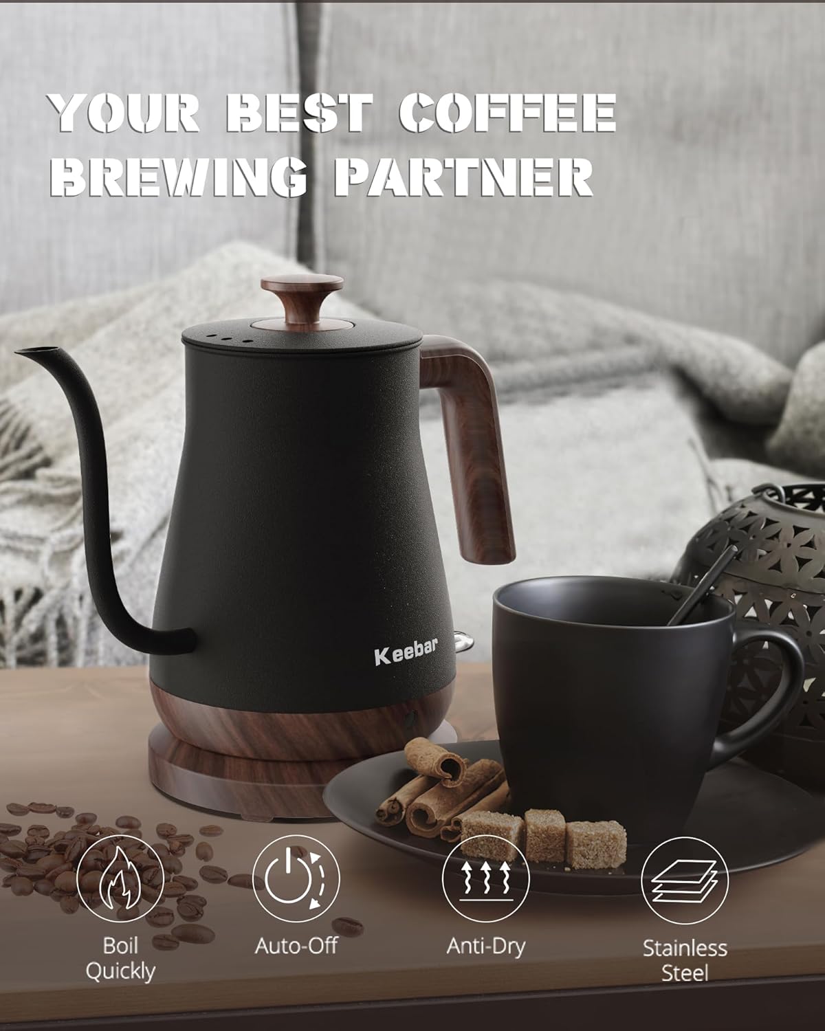 Gooseneck Electric Kettle - Stainless Steel Pour Over with Auto Shut Off, 0.8L Capacity, 1000W Quick Heating, Design with Elegant Handle, Matte Black with Walnut, Manual, (XH-W081-BW)