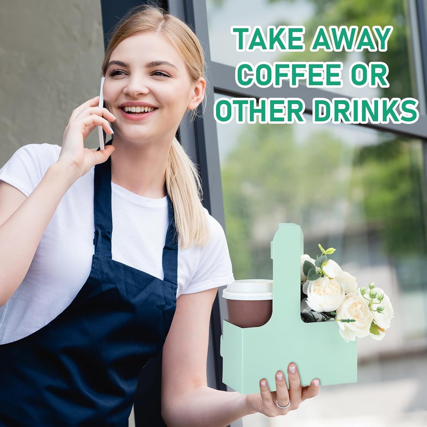 Kosiz 60 Pcs 2 Cups Drink Carrier with Handle 6.9 x 3.2 x 8.9 Inch Coffee Holder Paperboard Drink Caddy for Hot and Cold Beverage Takeout Cafe and Restaurant Xmas Wedding Food Delivery(Green)