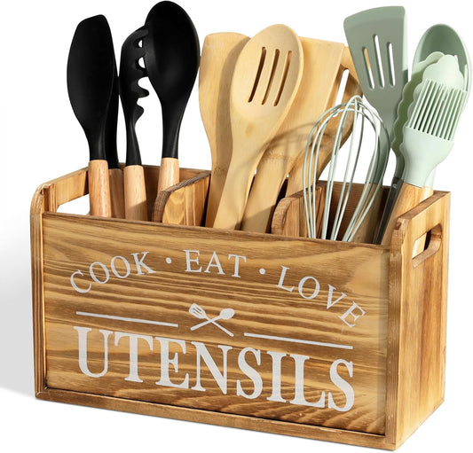 Kitchen Utensil Holder for Countertop, Large Solid Wood Farmhouse Cooking Utensils Organizer for Kitchen Counter, 3 Compartments Utensil Spoon Holder Kitchen Tool Storage for Home Decor (Burned wood)