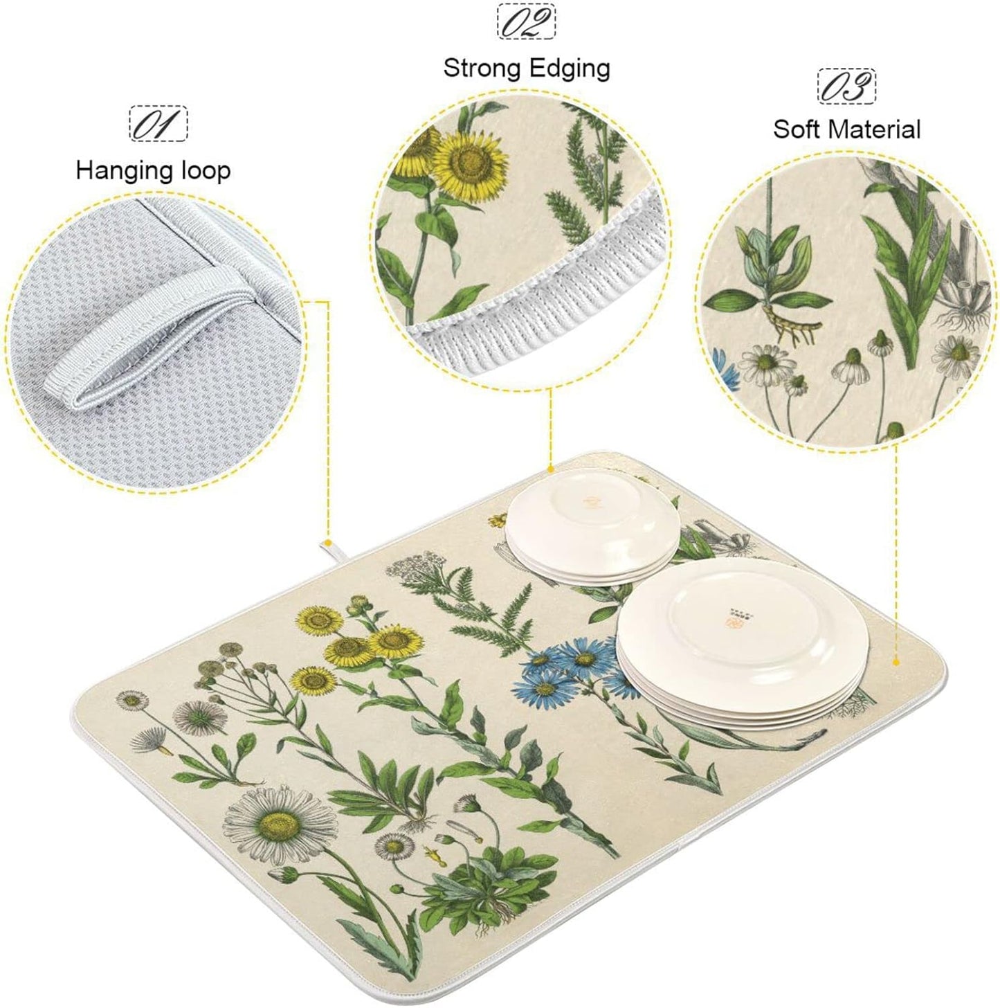 Herbs Flowers Botanical Plant Dish Drying Mat for Kitchen Counter Absorbent Microfiber Drying Pad, Large 18x24 in, Reversible Drainer Mats
