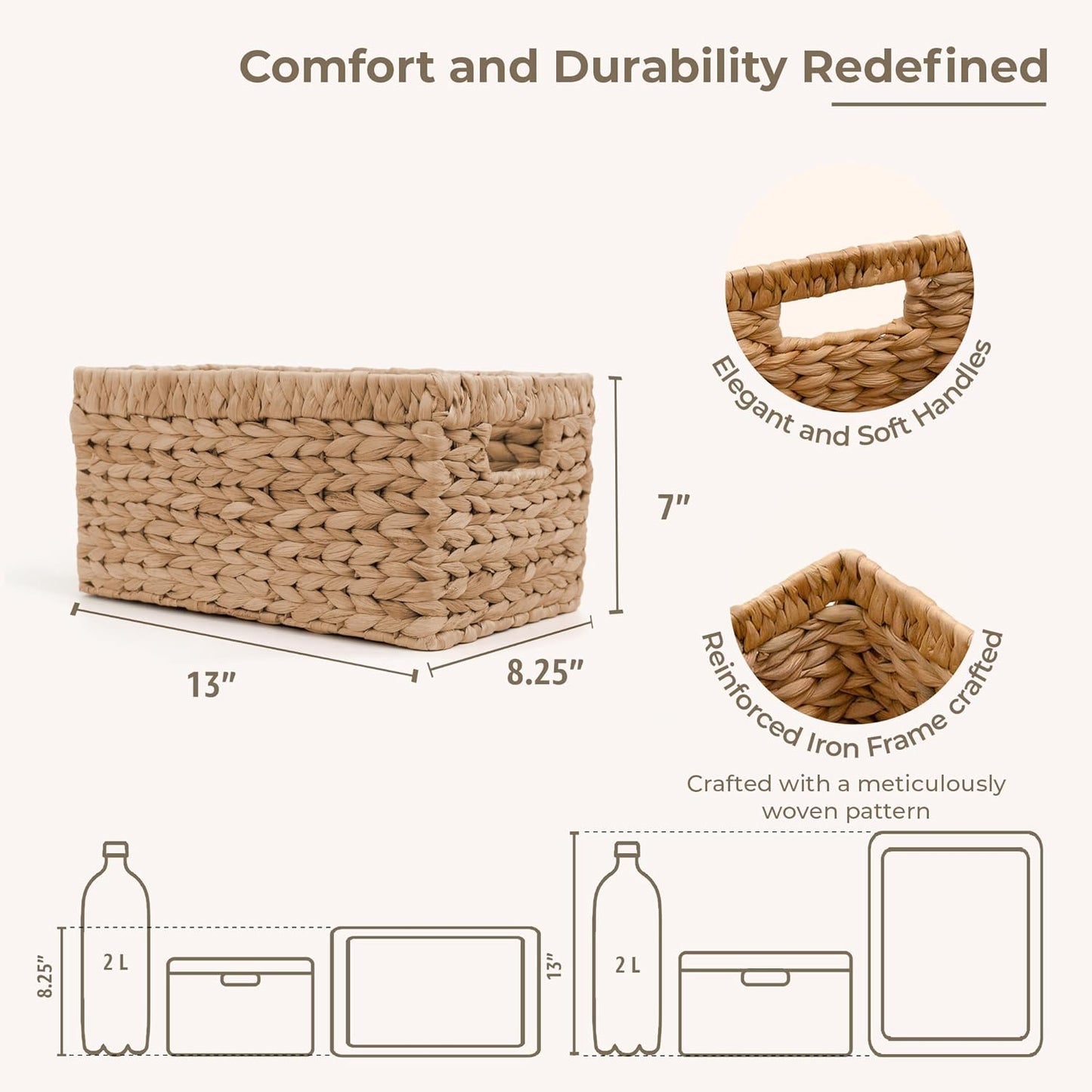 KOKODO Pack of 2 Medium Rectangular Water Hyacinth Wicker Storage Baskets with Handles and Metal Frame, Stylish and Durable Handwoven Bin for Space-saving Room Organizing or Decorative Wicker Basket