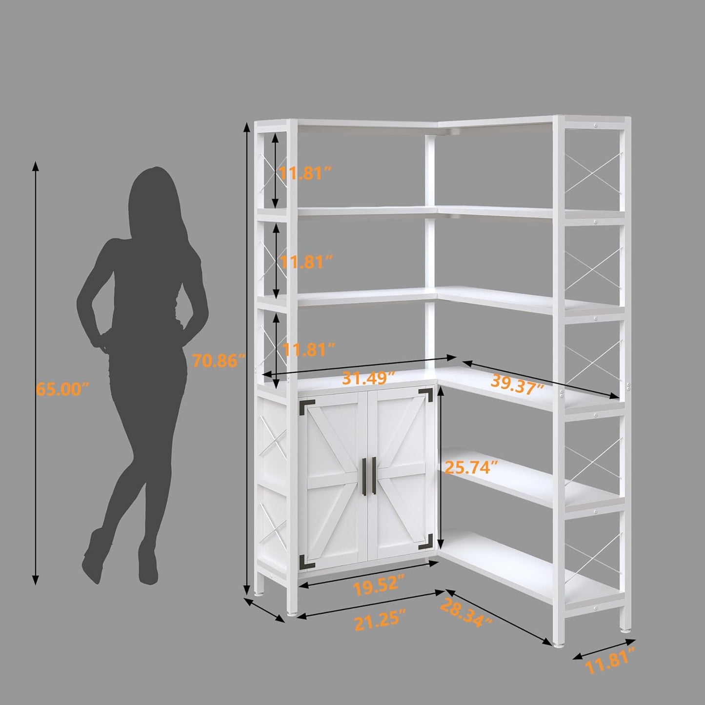 Corner Bookshelves 6 Tier, Farmhouse Wooden Bookcases for Corner, L Shaped Etagere Bookshelf with Storage for Living Room Home Office