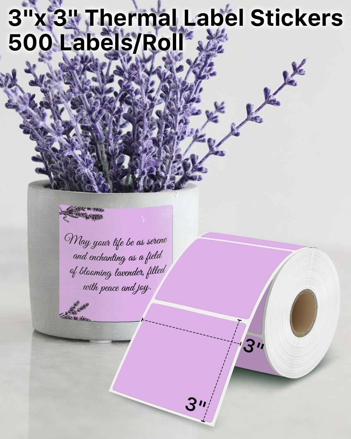iEager Purple Square Thermal Label Stickers, 3" x 3" Self-Adhesive Square Direct Thermal Labels with Perforation Line, 500 Sheets/Roll