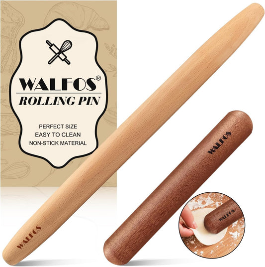 Walfos French Rolling Pin Set - Natural Wooden Rolling Pins (8inch, 15.7inch), Baking Dough Roller for Pizza, Pie, Pasta, Bread, Pastry, No Coating