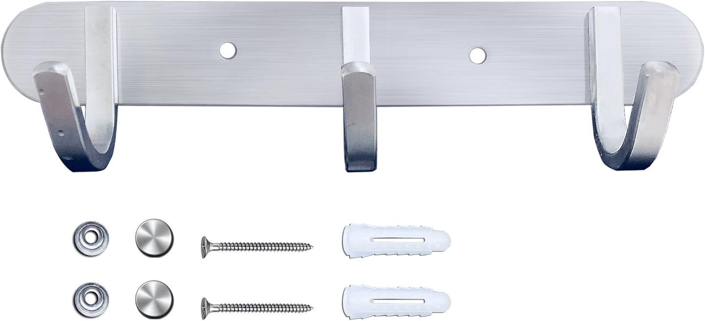 Coat Hook Rack Brushed Nickel 8-Inch Coat&Towel Hook Rail Wall Mounted with 3 Hooks, Durable Wall Hangers for Bedroom, Bathroom, Foyer, Hallway (SUS304 Stainless Steel)