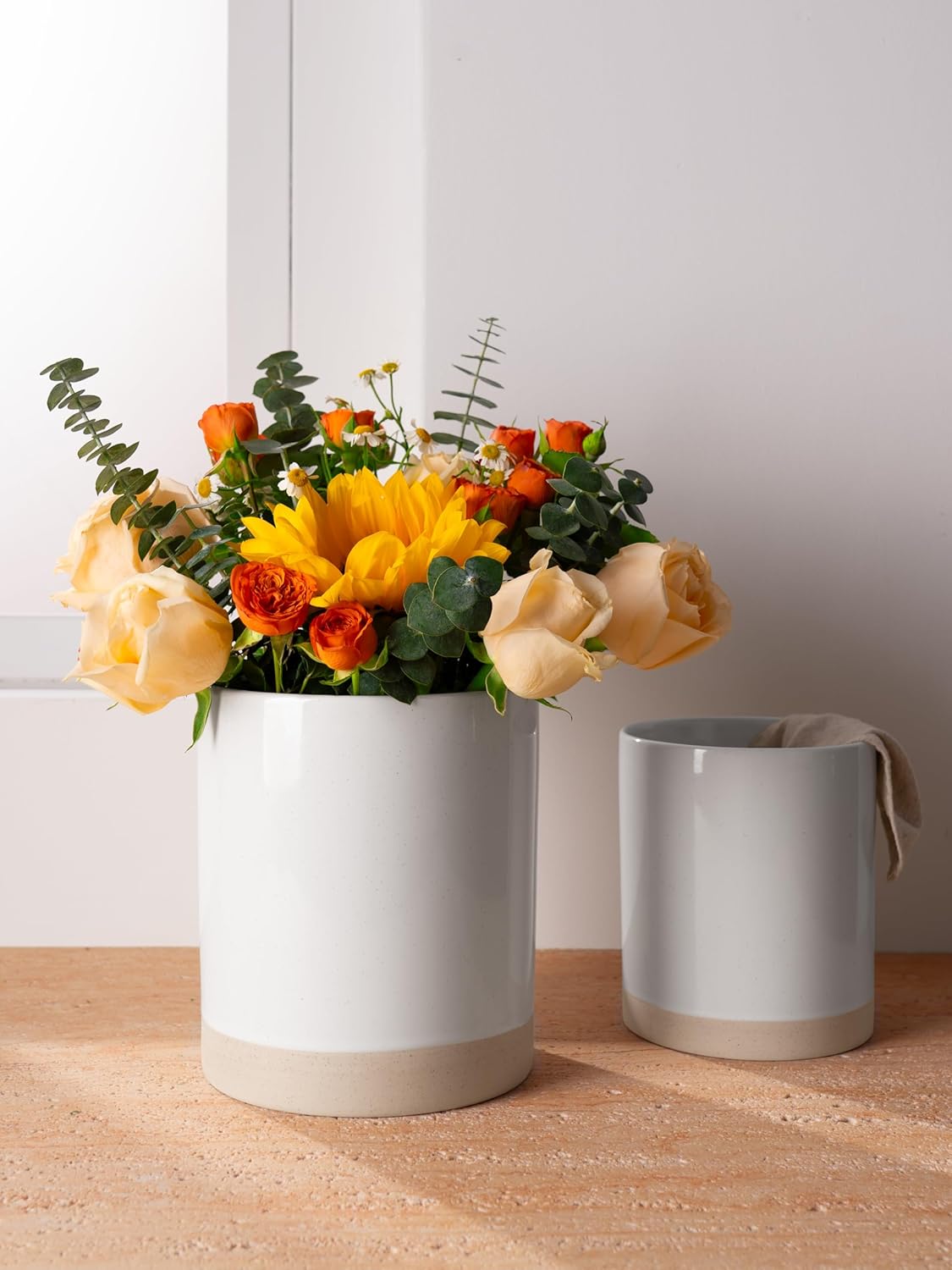 famiware Milkyway Kitchen Utensil Holder for Countertop, 7.2"+5.8" Ceramic Cooking Utensil Crocks for Counter, Utensil Organizer for Spatula & Spoon, Kitchen Decor, Set of 2, White