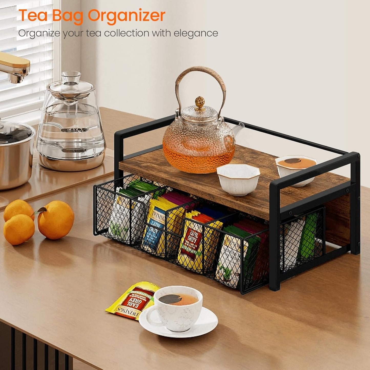 Homode Tea Bag Organizer, Wood Tea Organizers and Storage Chest, Teabag Holder with Storage Drawer,Tea Station Chest Display Container Box for Countertop Kitchen, Rustic Brown