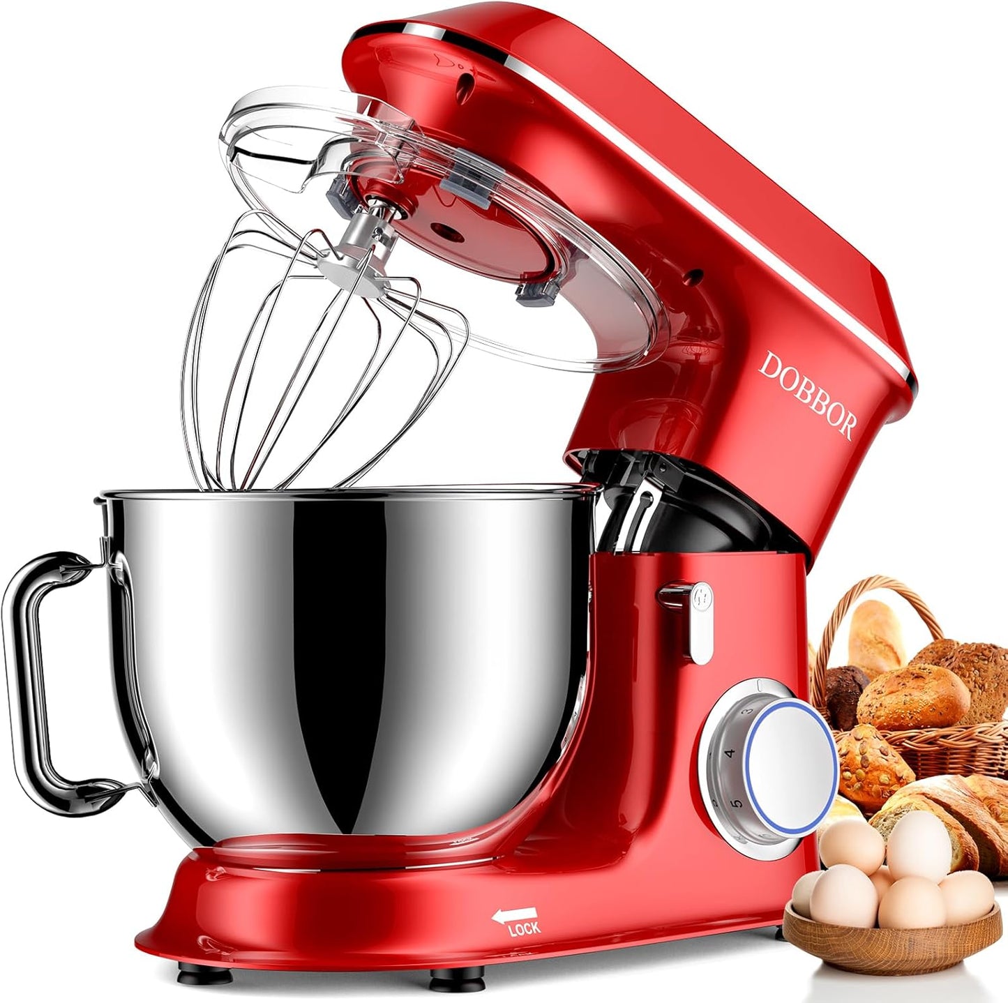 DOBBOR Electric Stand mixer, 9.5QT 660W 7 Speeds Tilt-Head Dough Mixers, Bread Mixer with Dough Hook, Whisk, Beater, Splash Guard for Baking Bread, Cake, Cookie, Pizza, Muffin, Salad and More - Red