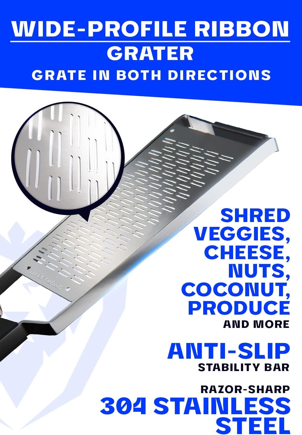 Dalstrong Professional Wide Cheese Grater - Ribbon - #304 Stainless Steel Blade - G10 Handle Kitchen Shredder - w/Blade Cover - Medium/Soft Cheese, Chocolate, Citrus, Root Vegetables - NSF Certified