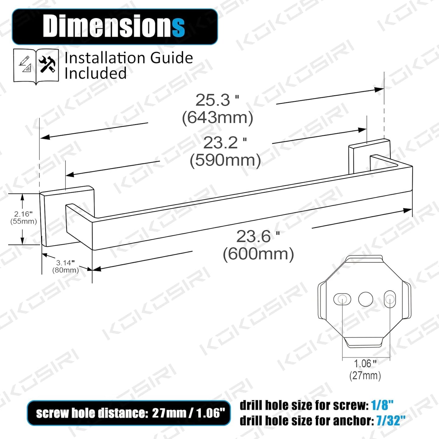 KOKOSIRI 24-Inch Single Towel Bar, Bathroom Kitchen Towel Holder, Wall Mounted Stainless Steel Towel Rack 2 Pack, Brushed Nickel, B4003BR-L24-P2