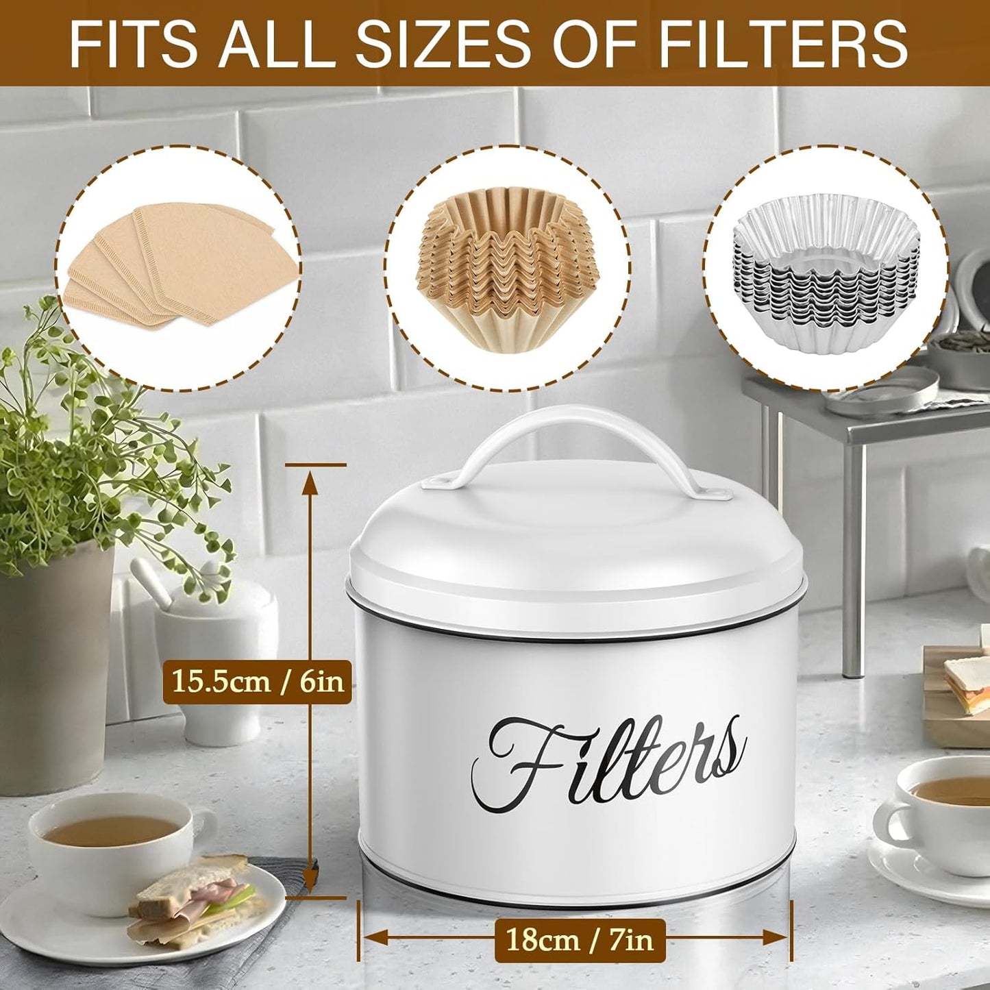 Coffee Filter Holder for Counter, Coffee Filter Storage with Lid, Round Container for Bar Accessories Decor (White)