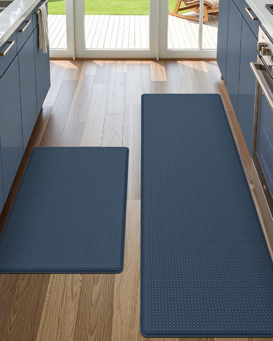 DEXI Kitchen Floor Mats Cushioned Anti Fatigue,17x29+17x59, Standing Runner Rug Waterproof, Comfort Memory Foam Padded for Front Sink Laundry Set of 2, Navy