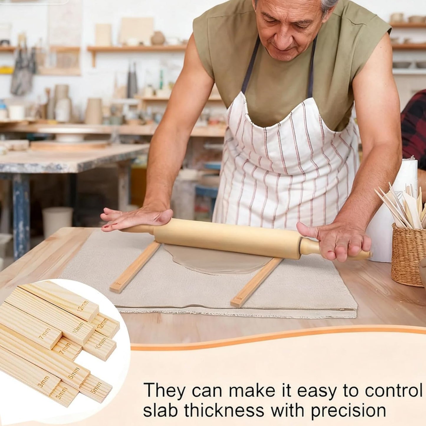 Clay Rolling Pin Guides, 10Pcs Pottery Teaching Rolling Mud Stick Guide, Pottery Tools, Wooden Slab Roller, Clay Tools, Mudboard Tools for Polymer Thickness