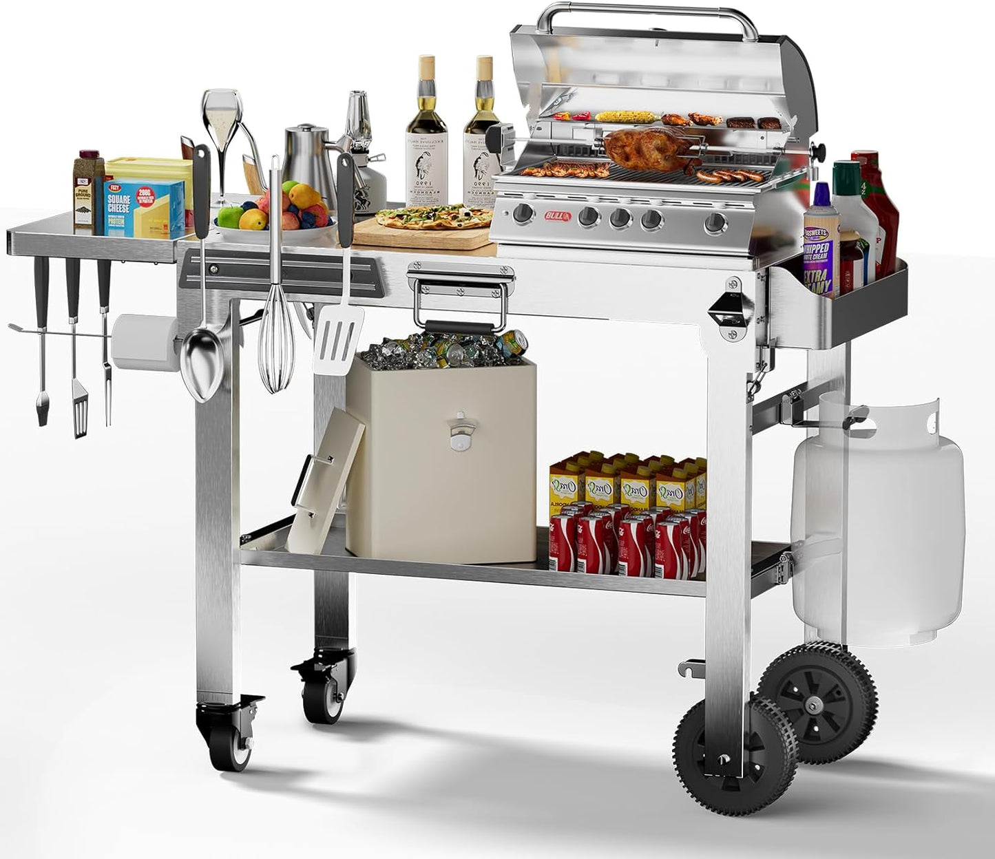 Food Grade 304 Stainless Steel BBQ Grill Table fits Tabletop Griddle, Outdoor Grill Table with 4 Foldable Legs, Portable Grill Stand for RV, Camping, Tailgating