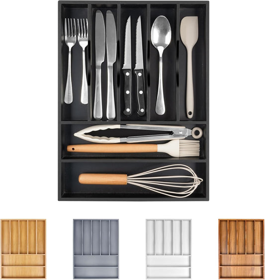 Bellsal Bamboo Silverware Drawer Organizer, Utensil Kitchen Drawer Organizer, Utensil Holder Cutlery Tray with Grooved Drawer Dividers for Kitchen Utensils and Flatware Bedroom Office (7 Slot, Black)
