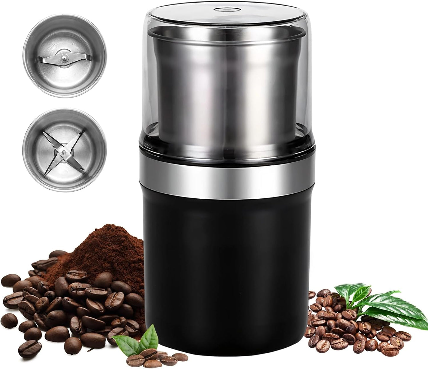 Electric Coffee Grinder, Dual Stainless Steel Bowls for Beans Spices Nuts Wet&Dry Grinding 30000RPM Overheat Protection Compact for Kitchen Herbs Spices Nuts Grains Espresso
